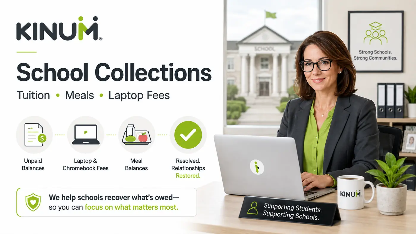 Kinum school collections image showing a school administrator with unpaid tuition, meal and laptop fee recovery services for schools and districts.