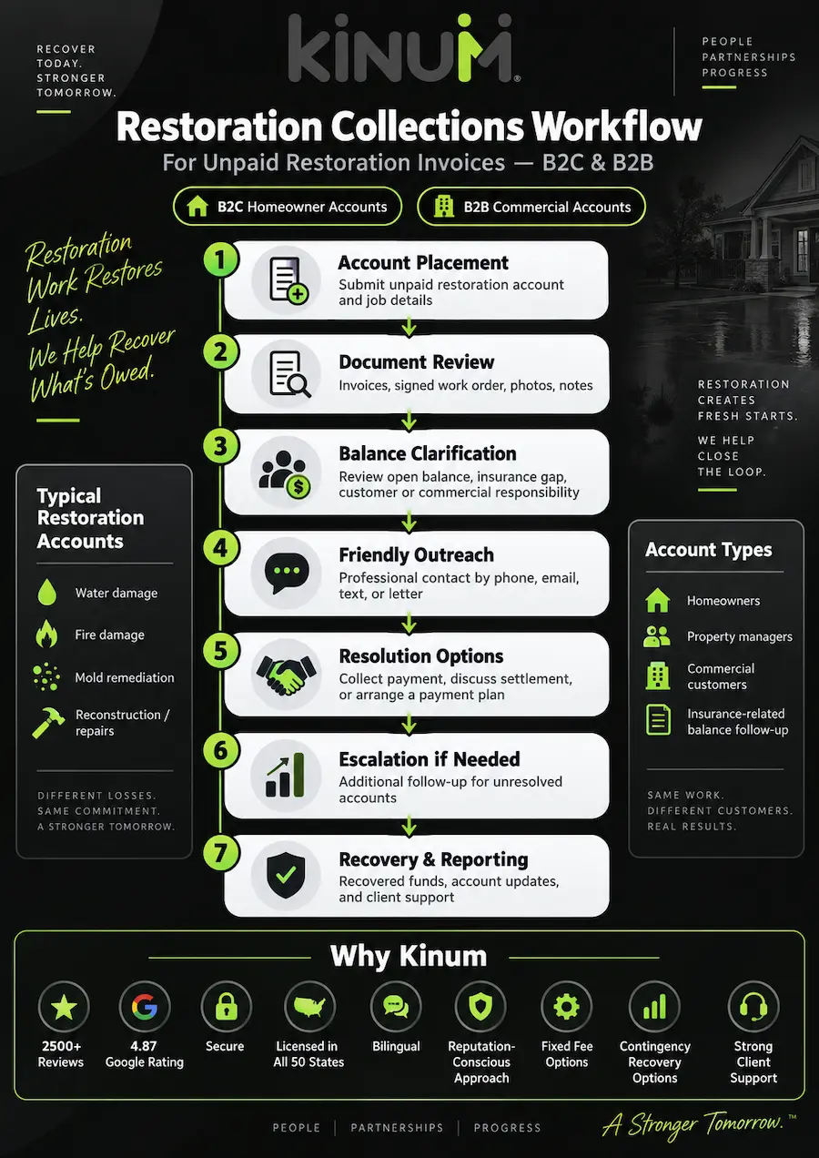 Restoration collection workflow for unpaid B2B and B2C invoices, from account placement and document review through outreach, resolution and recovery.